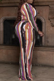 Multi-color Fashion Casual Striped Print Basic O Neck Plus Size Two Pieces
