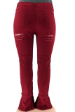 Burgundy Sexy Solid Ripped Patchwork Plus Size Jeans