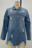 Blue Casual Solid Ripped Long Sleeve Regular Denim Jacket