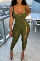 Army Green Sexy Solid Patchwork Square Collar Skinny Jumpsuits