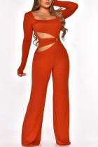 Tangerine Red Sexy Solid Hollowed Out Patchwork Square Collar Straight Jumpsuits