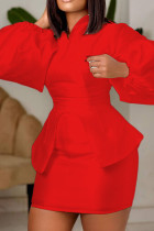Красный Модный Повседневный Твердый Пэчворк с V-образным вырезом и длинным рукавом Из двух частей