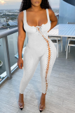 White Sexy Solid Split Joint Square Collar Skinny Jumpsuits
