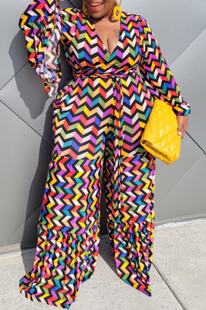 

Colour Casual Print Split Joint V Neck Plus Size Jumpsuits