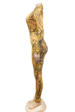 Желтый сексуальный принт пэчворк отложной воротник с длинным рукавом из двух частей