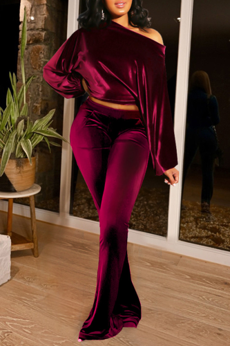 Burgundy Casual Solid Patchwork One Shoulder Long Sleeve Two Pieces