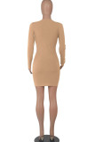 Khaki Fashion Casual Solid Patchwork V Neck One Step Skirt Dresses