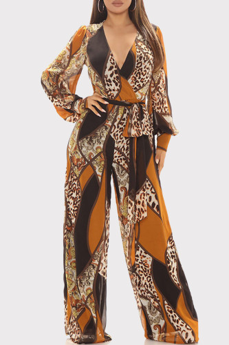 Coffee Fashion Casual Print Basic V Neck Regular Jumpsuits