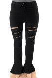 Black Sexy Street Solid Ripped Patchwork High Waist Boot Cut Denim Jeans
