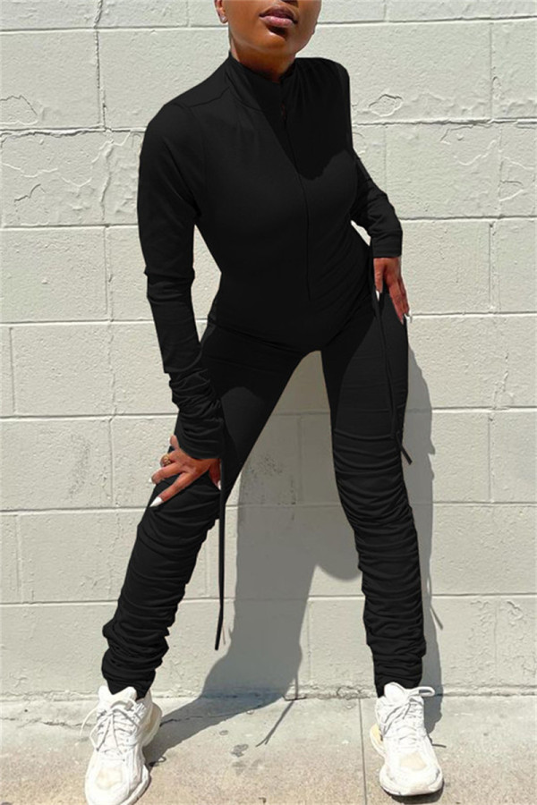 Zwarte mode casual effen gevouwen kraag met rits en normale jumpsuits