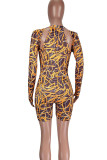 Yellow Sexy Print Hollowed Out Patchwork O Neck Skinny Rompers