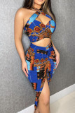 Blue Fashion Street Print Patchwork Halter Mouwloos Two Pieces