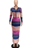 Multicolor Casual Striped Print Patchwork Zipper Collar One Step Skirt Dresses