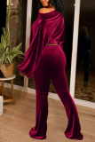 Burgundy Casual Solid Patchwork One Shoulder Long Sleeve Two Pieces