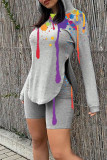 Orange Casual Print Patchwork Asymmetrical Hooded Collar Long Sleeve Two Pieces