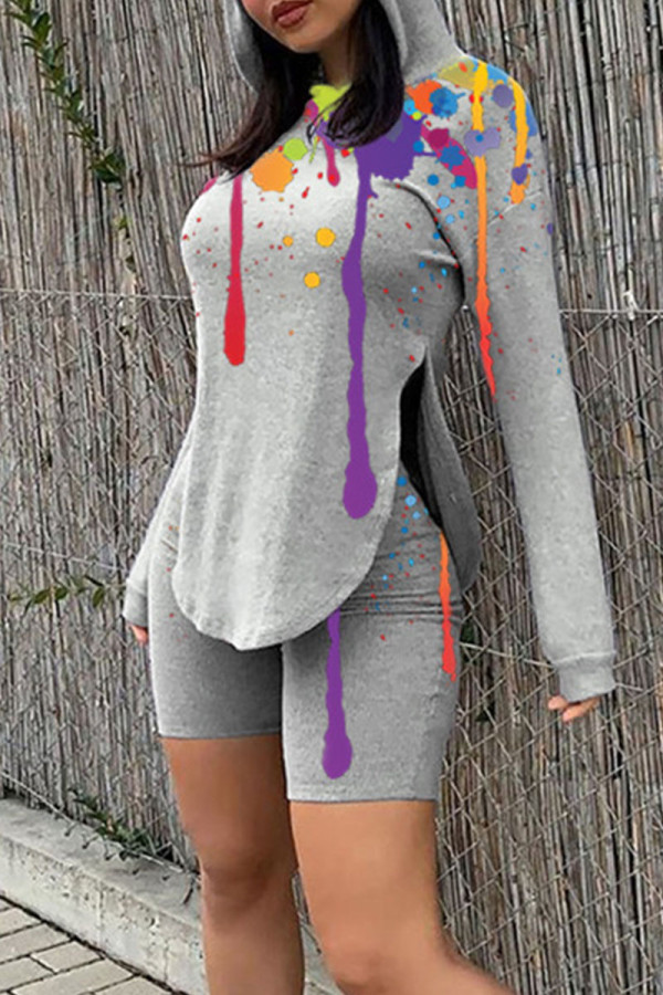 Grey Casual Print Patchwork Asymmetrical Hooded Collar Long Sleeve Two Pieces