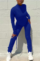 ブルー ファッション カジュアル ソリッド フォールド ジッパー カラー レギュラー ジャンプスーツ