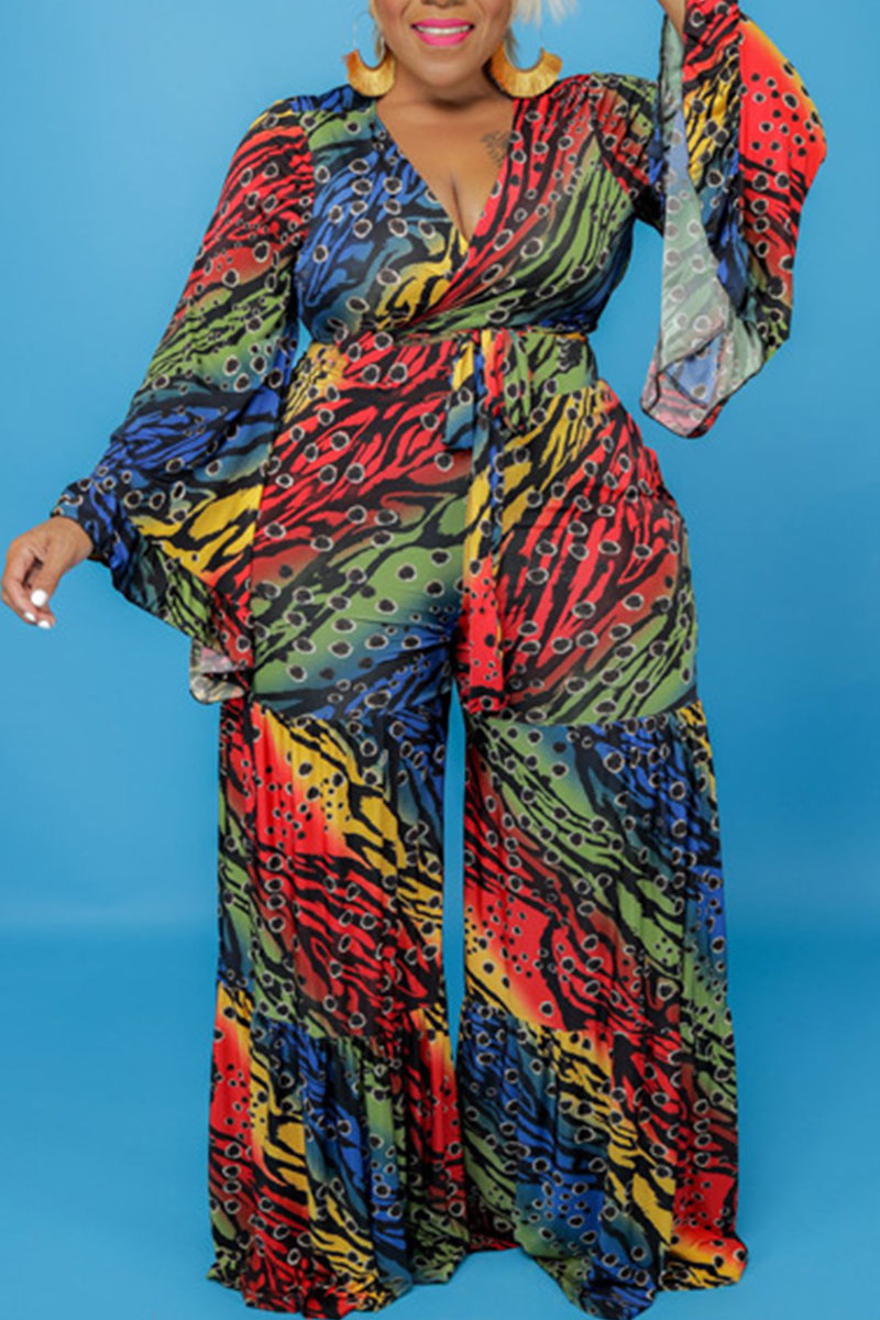 

Multicolor Casual Print Split Joint V Neck Plus Size Jumpsuits