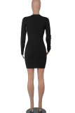 Black Fashion Casual Solid Patchwork V Neck One Step Skirt Dresses
