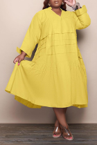 Amarillo Casual Sólido Volante Cuello en V Falda de pastel Vestidos de talla grande