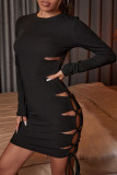 ブラックファッションストリートソリッドリップドOネックワンステップスカートドレス