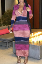 Vestidos de falda de un paso con cuello con cremallera y estampado de rayas informales multicolores
