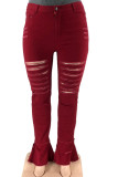 Темно-красные сексуальные однотонные рваные джинсы большого размера в стиле пэчворк