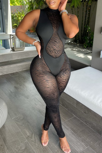 Black Fashion Sexy Patchwork See-through Zipper O Neck Skinny Jumpsuits