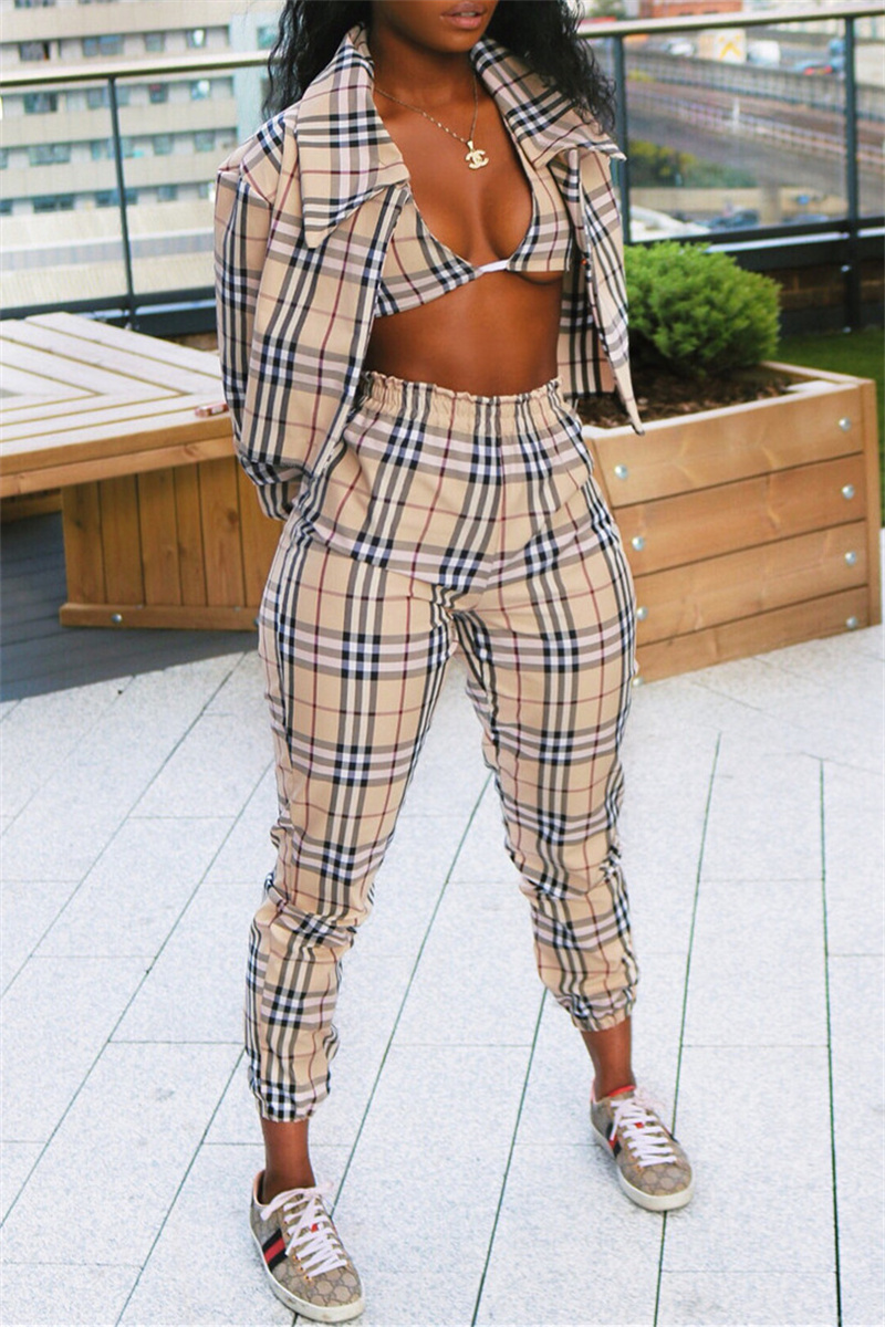 

Khaki Fashion Casual Plaid Print Cardigan Vests Pants Turndown Collar Long Sleeve Three-piece Set