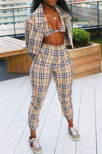 Kaki mode décontracté imprimé à carreaux cardigan gilets pantalon col rabattu à manches longues ensemble de trois pièces