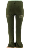 Army Green Sexy Street Solid Patchwork High Waist Boot Cut Ripped Denim Jeans