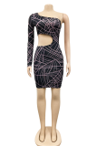 Pink Sexy Print Patchwork One Shoulder Pencil Skirt Dresses