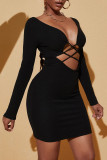 ブラックファッションストリートソリッドバンデージVネックワンステップスカートドレス