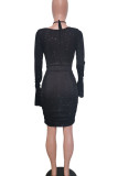Black Sexy Solid Hollowed Out Patchwork Frenulum Sequins Asymmetrical Collar Pencil Skirt Dresses