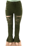 Army Green Sexy Solid Ripped Patchwork Plus Size Jeans