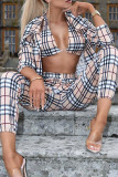 Khaki Fashion Casual Plaid Print Cardigan Vests Pants Turndown Collar Long Sleeve Three-piece Set