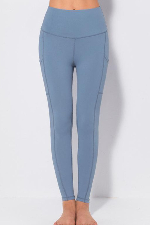 Grijsblauwe casual sportkleding Effen patchwork skinny hoge taille potlood effen kleur broek