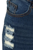 I jeans in denim con taglio a stivale a vita alta patchwork strappato solido blu da cowboy sexy