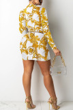 Vestidos de falda lápiz con cuello en V y hebilla de retazos con estampado sexy amarillo