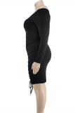 黒のセクシーなカジュアルプリントバックレスオフショルダー長袖プラスサイズのドレス