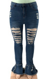 The cowboy blue Sexy Street Solid Ripped Patchwork High Waist Boot Cut Denim Jeans