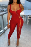 Red Sexy Solid Split Joint Square Collar Skinny Jumpsuits