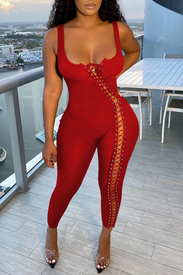 Rode sexy stevige patchwork skinny jumpsuits met vierkante kraag