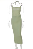 Green Fashion Sexy Solid Bandage Backless Halter Sleeveless Two Pieces