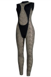 Macacão skinny preto fashion sexy patchwork transparente com zíper e decote