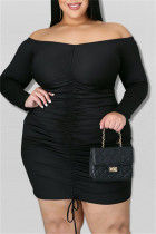 Zwarte sexy casual print backless off-shoulder lange mouwen plus size jurken