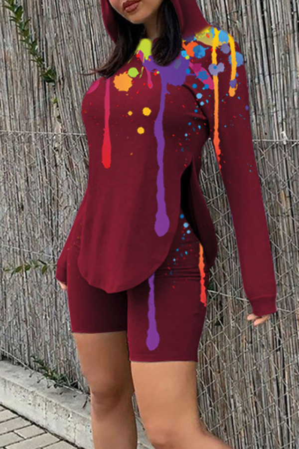 Burgundy Casual Print Patchwork Asymmetrical Hooded Collar Long Sleeve Two Pieces
