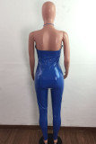 Blauwe mode sexy effen uitgeholde backless halter skinny jumpsuits