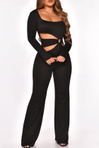 Schwarze, sexy, solide, ausgehöhlte Patchwork-Jumpsuits mit quadratischem Kragen und geradem Schnitt
