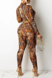 Leopard Print Sexy Print Patchwork Turndown Collar Long Sleeve Two Pieces